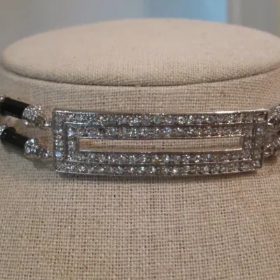 Monet Black Velvet & crystal rhinestone ART DECO Style choker necklace - Signed