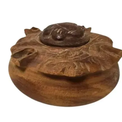Sale Photo Thumbnail #50: Vintage hand carved wooden Grole, made from mahogany with an elaborate organic floral design. There are five carved outlets about the perimeter allowing various people to drink from the vessel. This would also make a nice potpourri holder, or for other sc