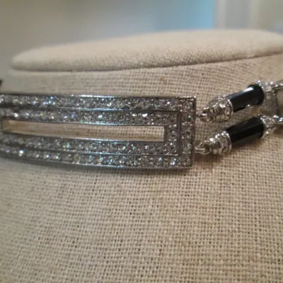Monet Black Velvet & crystal rhinestone ART DECO Style choker necklace - Signed