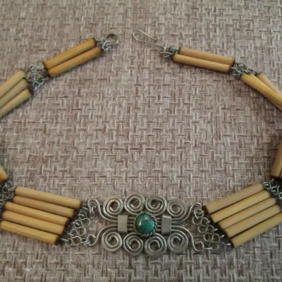 Peruvian Chocker Necklace Turquoise Stone, alpaca silver & Bamboo Handcrafted