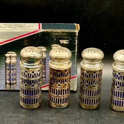 Vintage Silverplate Shakers With Cobalt Blue Glass