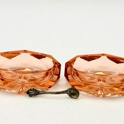 (2) Coin Silver Salt Spoons & (2) Vintage Depression Glass Salt Cellars 