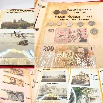 Vintage Foreign Coins, Paper Money & Photos Ephemera Scrapbook 