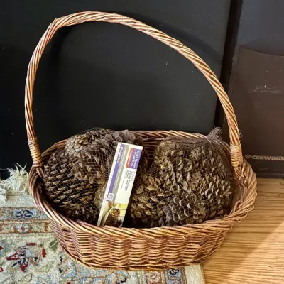 Basket With Decorative Pinecones 