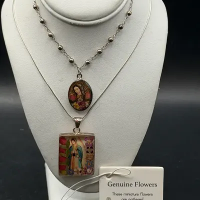 Stamped 925 Sterling Silver Necklace & Bracelet Virgin Mary With Real Flowers 