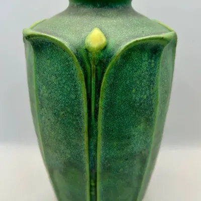 Jemerick Studio Pottery Vibrant Matte Green Sculptural Vase with Stylized Leaves and Yellow Buds