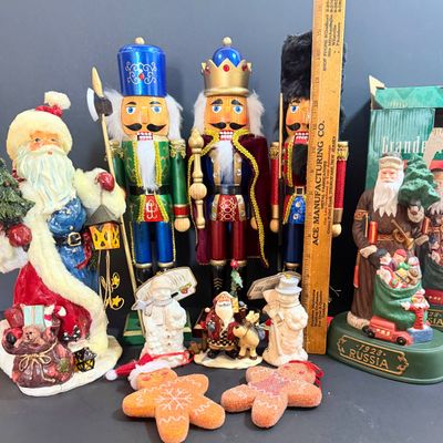 LOT 26: Collection of Wooden Nutcrackers with Other Holiday Decor - Including Santa of The World in Original Box & More