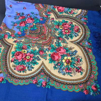 LOT 143: Vintage Hand/Purse Mirror-Denmark, Porcelain Clock, Vibrant Blue Floral Babushka Square Shawl, Flower Lacquer Trinket Box
