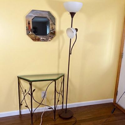 LOT 19: Metal Side Table with Glass Top, Nautical Painted Mirror and Floor Lamp