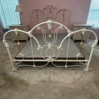 LOT 148: Vintage Full Size White Enamel & Brass Headboard, Footboard & Bed Frame