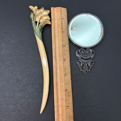 LOT 143: Vintage Hand/Purse Mirror-Denmark, Porcelain Clock, Vibrant Blue Floral Babushka Square Shawl, Flower Lacquer Trinket Box