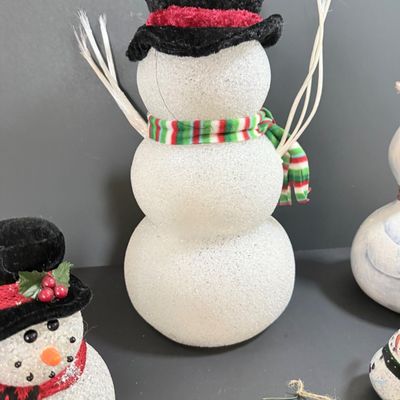LOT 20: Collection of Festive Snowmen and Other Holiday Decor Including Painted Gourds and a Glass Frog Santa
