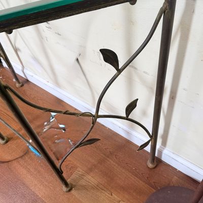 LOT 19: Metal Side Table with Glass Top, Nautical Painted Mirror and Floor Lamp