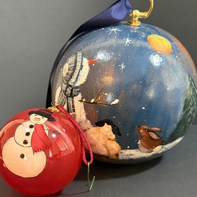 LOT 20: Collection of Festive Snowmen and Other Holiday Decor Including Painted Gourds and a Glass Frog Santa