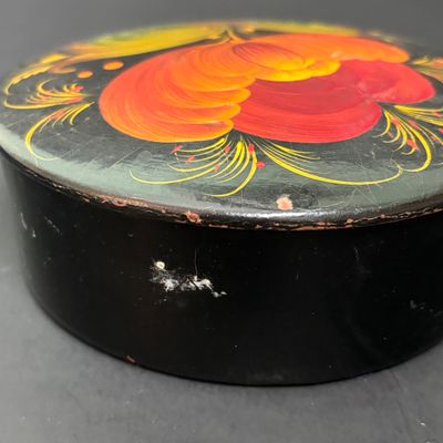 LOT 143: Vintage Hand/Purse Mirror-Denmark, Porcelain Clock, Vibrant Blue Floral Babushka Square Shawl, Flower Lacquer Trinket Box