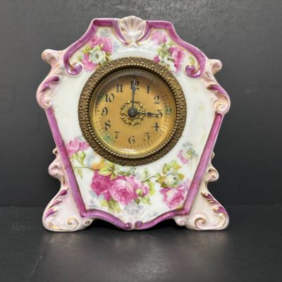 LOT 143: Vintage Hand/Purse Mirror-Denmark, Porcelain Clock, Vibrant Blue Floral Babushka Square Shawl, Flower Lacquer Trinket Box