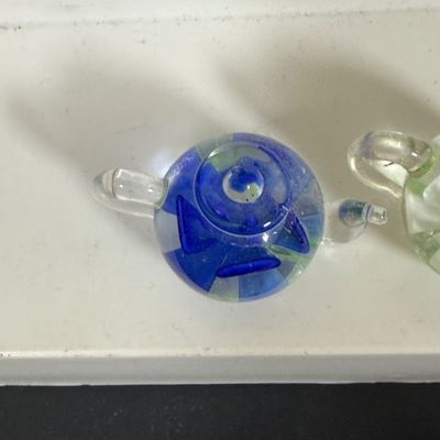 LOT 75: Collection of Miniature Enamel Teapots by Kelvin Chen, Mini Glass Flower Teapot Paperweights, Lenox Shell Shaped Dish & More