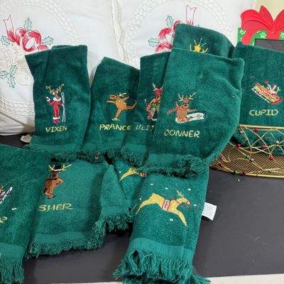 LOT 164: Large Assortment of Holiday Tea Towels, Napkins, Stockings Pillows Decor and More
