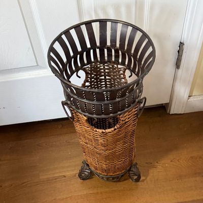 LOT 163: Metal and Wicker Umbrella Stand with Umbrellas
