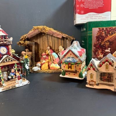 LOT 24: Holiday Novels by Mary Higgens Clark and John Grisham, Nativity Set In Original Box, Metal Church Candle Holder and More