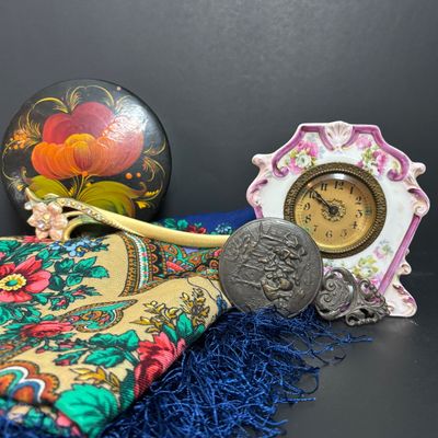 LOT 143: Vintage Hand/Purse Mirror-Denmark, Porcelain Clock, Vibrant Blue Floral Babushka Square Shawl, Flower Lacquer Trinket Box
