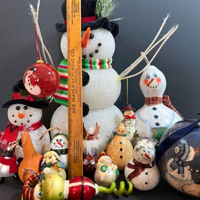 LOT 20: Collection of Festive Snowmen and Other Holiday Decor Including Painted Gourds and a Glass Frog Santa