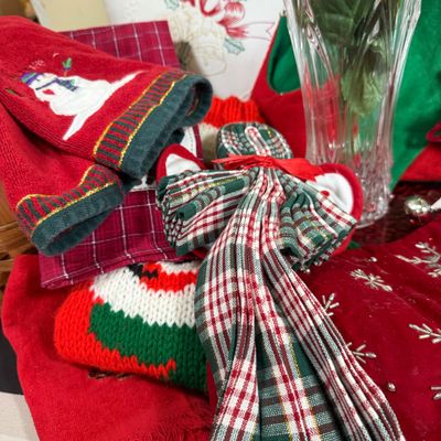 LOT 164: Large Assortment of Holiday Tea Towels, Napkins, Stockings Pillows Decor and More