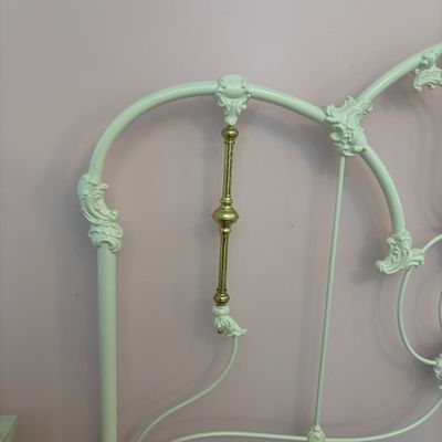 LOT 148: Vintage Full Size White Enamel & Brass Headboard, Footboard & Bed Frame