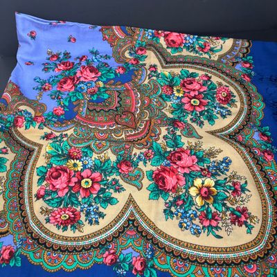 LOT 143: Vintage Hand/Purse Mirror-Denmark, Porcelain Clock, Vibrant Blue Floral Babushka Square Shawl, Flower Lacquer Trinket Box