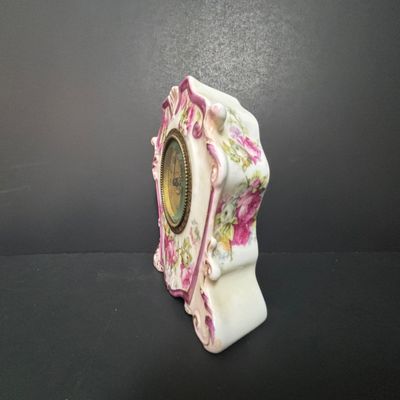 LOT 143: Vintage Hand/Purse Mirror-Denmark, Porcelain Clock, Vibrant Blue Floral Babushka Square Shawl, Flower Lacquer Trinket Box