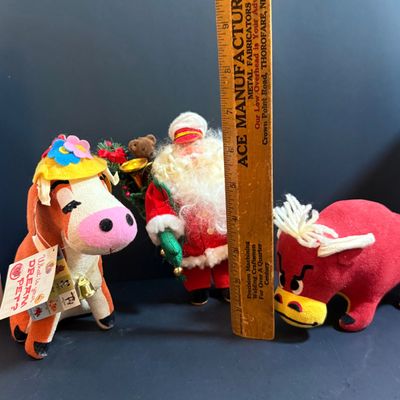 LOT 22: Vintage Style Plush Santa, and Dream Pets Bull and Cow