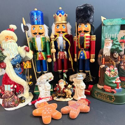 LOT 26: Collection of Wooden Nutcrackers with Other Holiday Decor - Including Santa of The World in Original Box & More