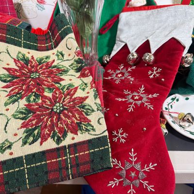 LOT 164: Large Assortment of Holiday Tea Towels, Napkins, Stockings Pillows Decor and More