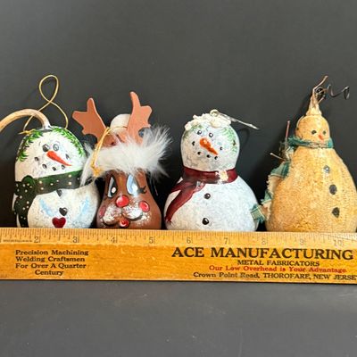 LOT 20: Collection of Festive Snowmen and Other Holiday Decor Including Painted Gourds and a Glass Frog Santa
