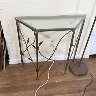 LOT 19: Metal Side Table with Glass Top, Nautical Painted Mirror and Floor Lamp