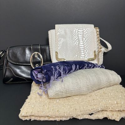 LOT 140: Nicki Minaj Faux Leather Crossbody, Boho Style Buckle Flap Bag, Cejon Scarves & More
