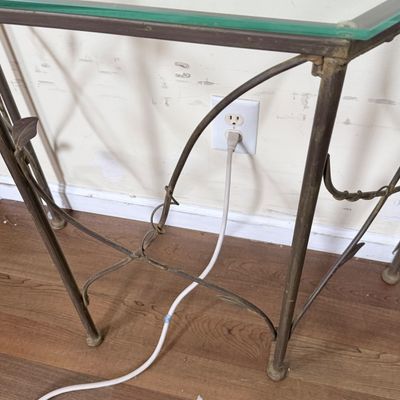 LOT 19: Metal Side Table with Glass Top, Nautical Painted Mirror and Floor Lamp