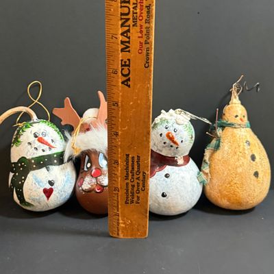 LOT 20: Collection of Festive Snowmen and Other Holiday Decor Including Painted Gourds and a Glass Frog Santa