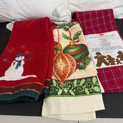 LOT 164: Large Assortment of Holiday Tea Towels, Napkins, Stockings Pillows Decor and More
