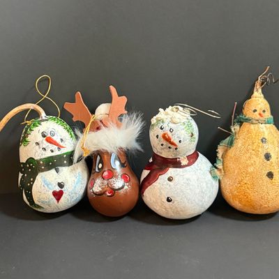 LOT 20: Collection of Festive Snowmen and Other Holiday Decor Including Painted Gourds and a Glass Frog Santa