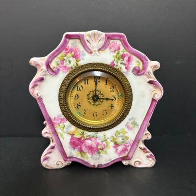 LOT 143: Vintage Hand/Purse Mirror-Denmark, Porcelain Clock, Vibrant Blue Floral Babushka Square Shawl, Flower Lacquer Trinket Box