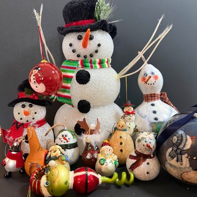 LOT 20: Collection of Festive Snowmen and Other Holiday Decor Including Painted Gourds and a Glass Frog Santa
