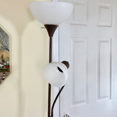 LOT 19: Metal Side Table with Glass Top, Nautical Painted Mirror and Floor Lamp
