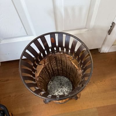 LOT 163: Metal and Wicker Umbrella Stand with Umbrellas