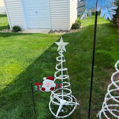 LOT 63: Assortment of Christmas Lawn Decorations Including Rope Light Christmas Trees, Candy Cane Lights. Snowflake Wind Spinner, Red...