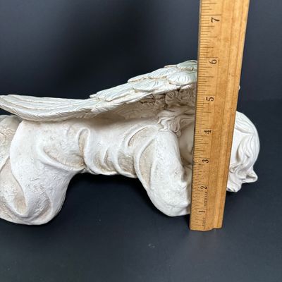 LOT 145: Handmade Crocheted Angel in a Gold Framed Display Box, Resin Sleeping Angel Shelf Sitter Sculpture, Pottery Planter & Faux...