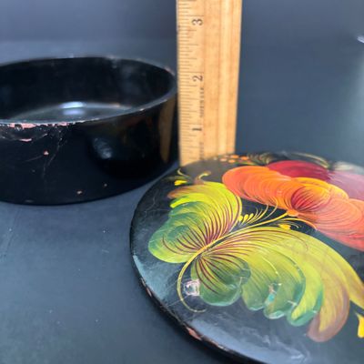 LOT 143: Vintage Hand/Purse Mirror-Denmark, Porcelain Clock, Vibrant Blue Floral Babushka Square Shawl, Flower Lacquer Trinket Box