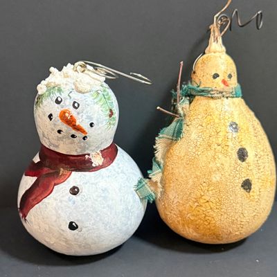 LOT 20: Collection of Festive Snowmen and Other Holiday Decor Including Painted Gourds and a Glass Frog Santa