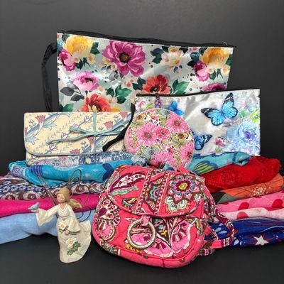 LOT 141: Vera Bradley Call Me Coral Small Crossbody, July Angel Accent Figurine, Zipper Pouches, Scarves & More