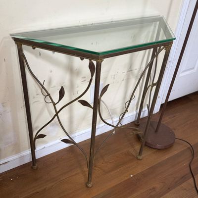 LOT 19: Metal Side Table with Glass Top, Nautical Painted Mirror and Floor Lamp